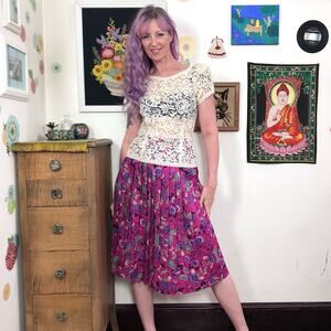 Vintage Secretary Skirt, 1980s Hot Pink Floral Pleated Midi, Sz L Preppy Femme